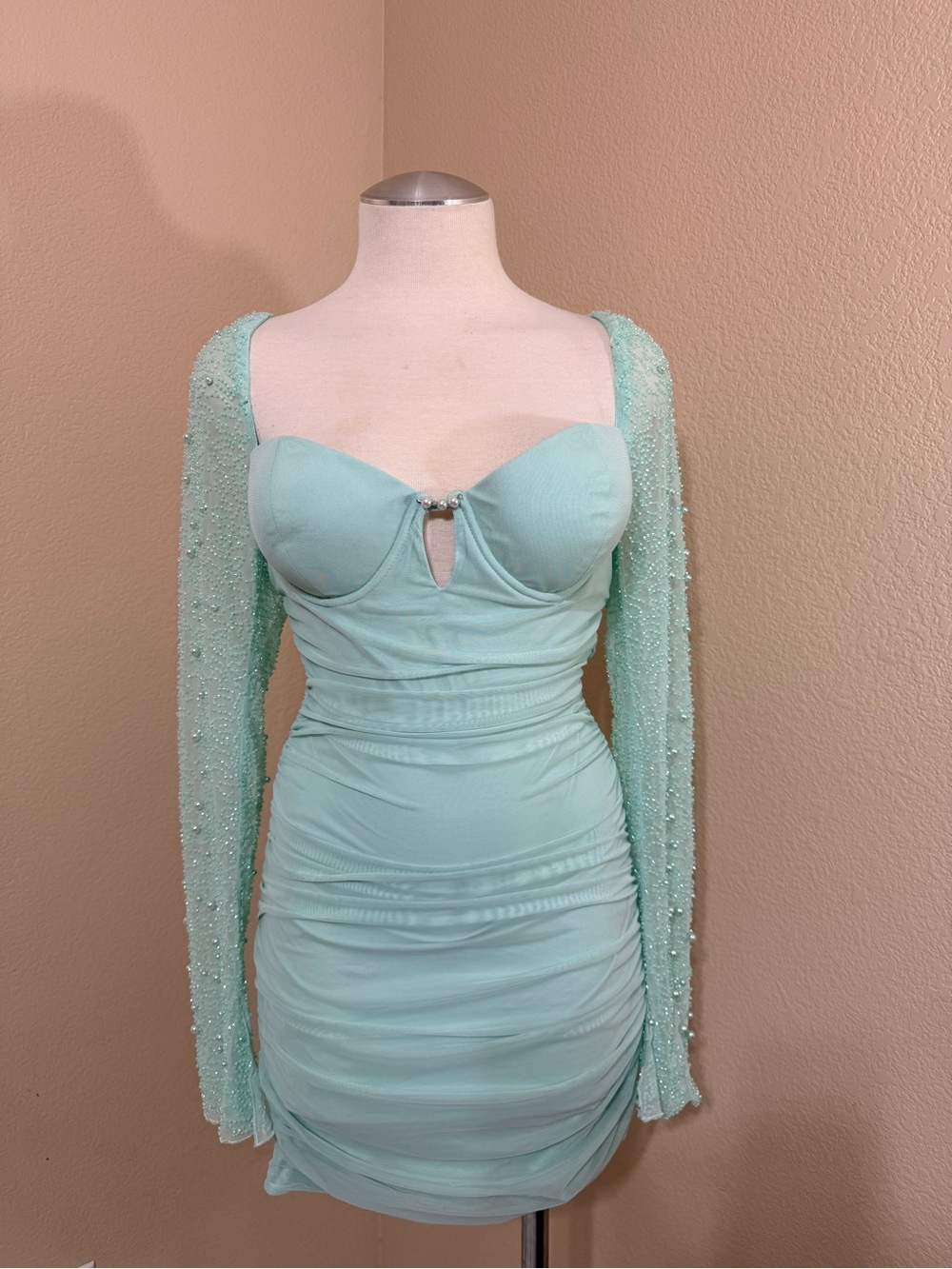 Oh Polly Mint Green Ruched Long-Sleeve Bodycon Mini Dress